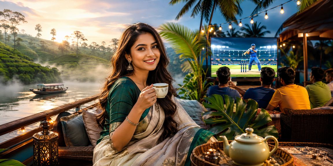 সিলেটের চা বাগানে একজন ব্যক্তি মোবাইলে দায়িত্বশীলভাবে ক্রিকেট বেটিং উপভোগ করছেন
